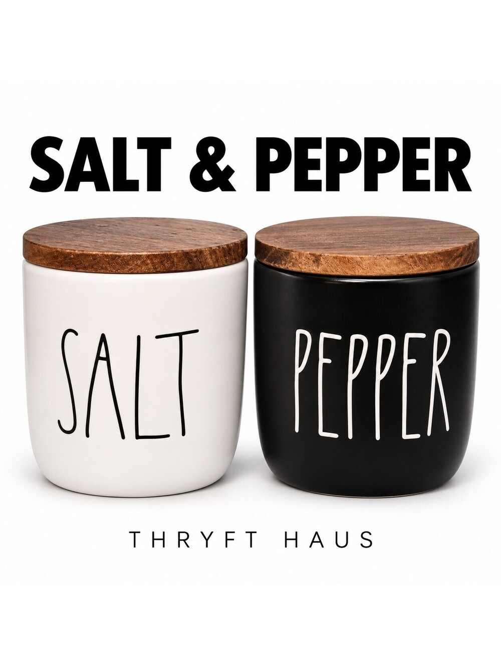 Thryft Haus Salt and Pepper Ceramic Storage Jars with Wooden Lids - Set of 2